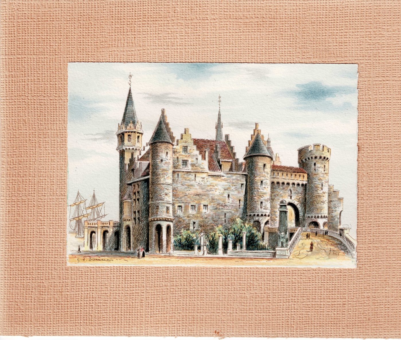 Burg Het Steen in Antwerpen(?) [Feder und Aquarell, sign. G. A. Dumarais]