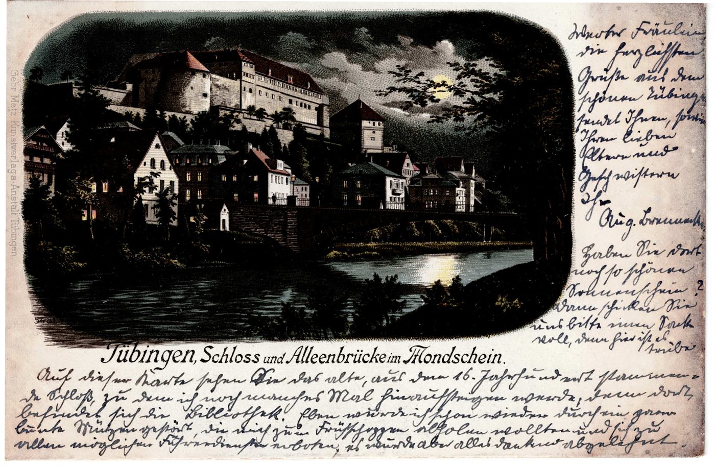 Tübingen, Schloss und Alleenbrücke im Mondschein.