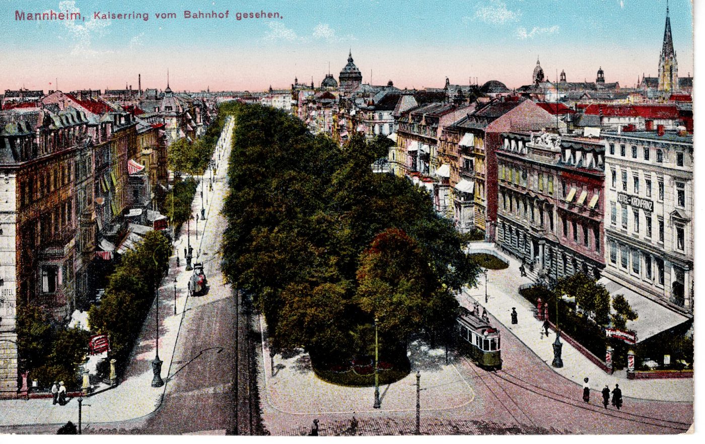 Mannheim, Kaiserring vom Bahnhof gesehen.