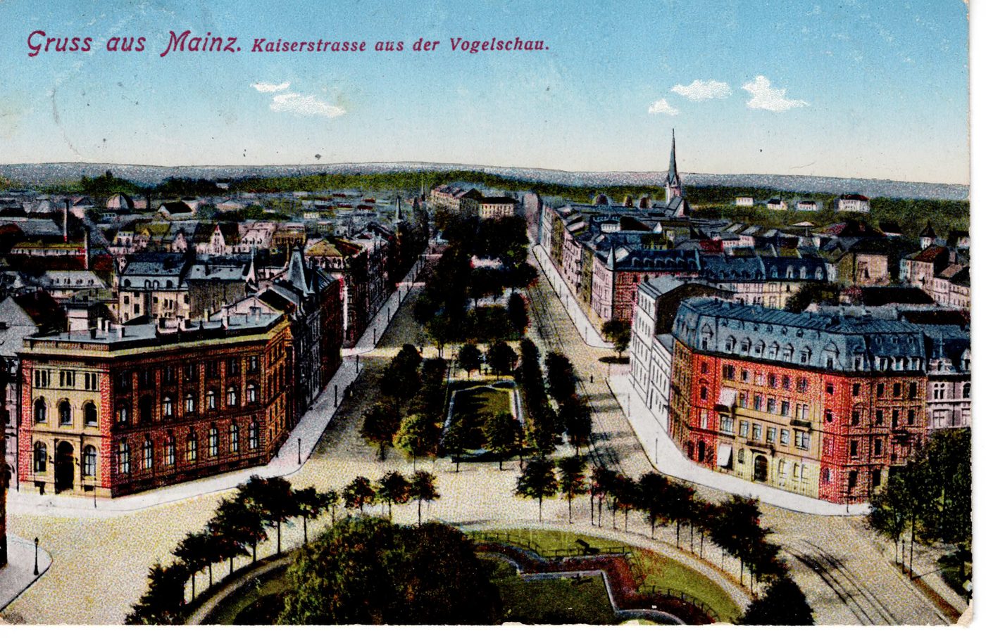 Gruss aus Mainz. Kaiserstrasse aus der Vogelschau.
