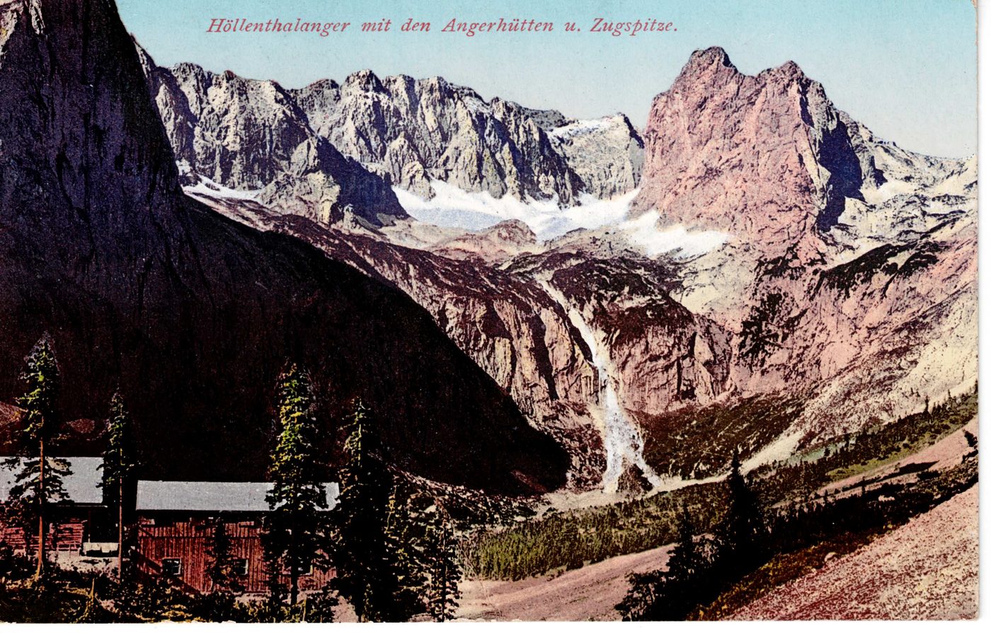 Höllenthalanger mit den Angerhütten u. Zugspitze.