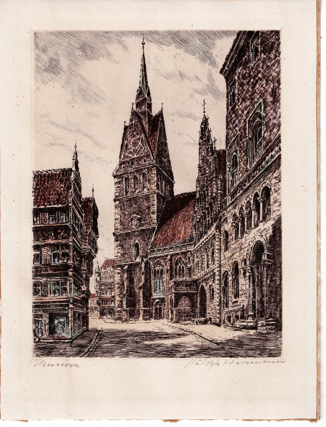 Marktkirche und Altes Rathaus, Hannover [kolorierte Radierung, sign. Rudolph H...mann]