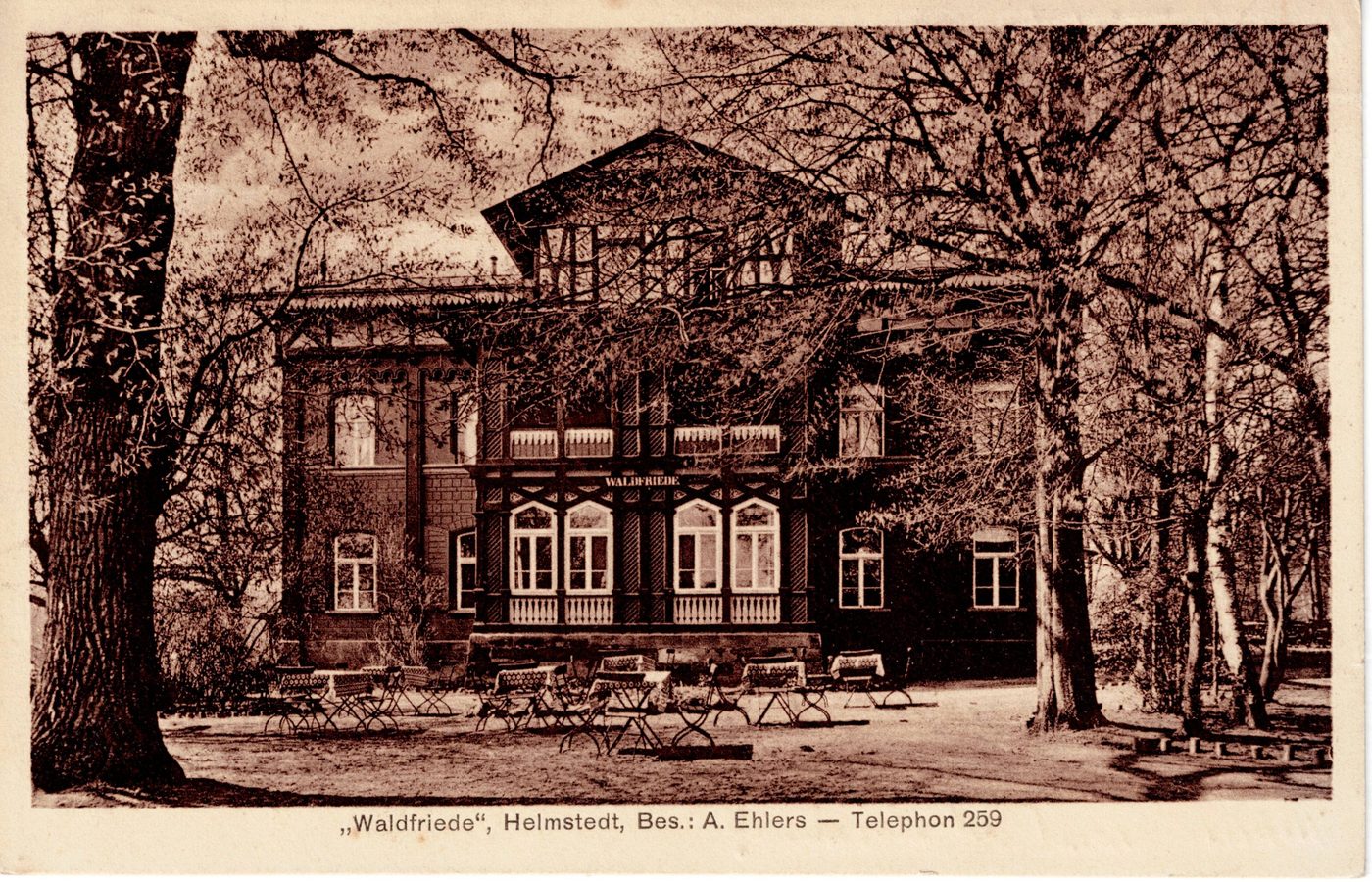 "Waldfriede", Helmstedt, Bes.: A. Ehlers - Telephon 259