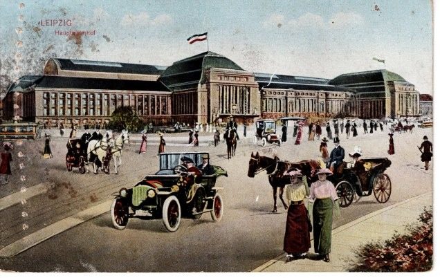 Leipzig, Hauptbahnhof (Farblitho mit Automobil)