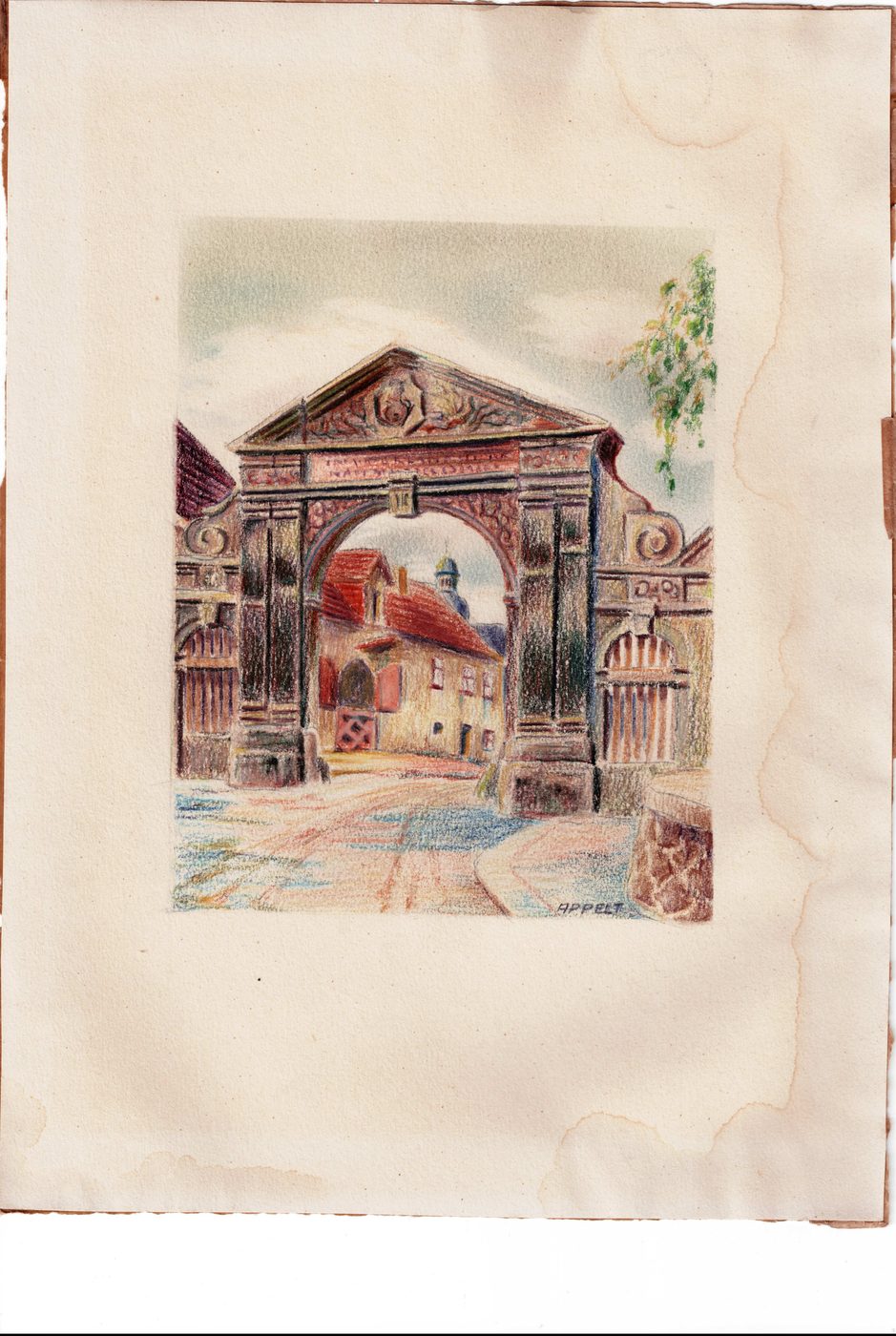 Das Türkentor in Helmstedt [Farbstift-Zeichnung, sign. Appelt]