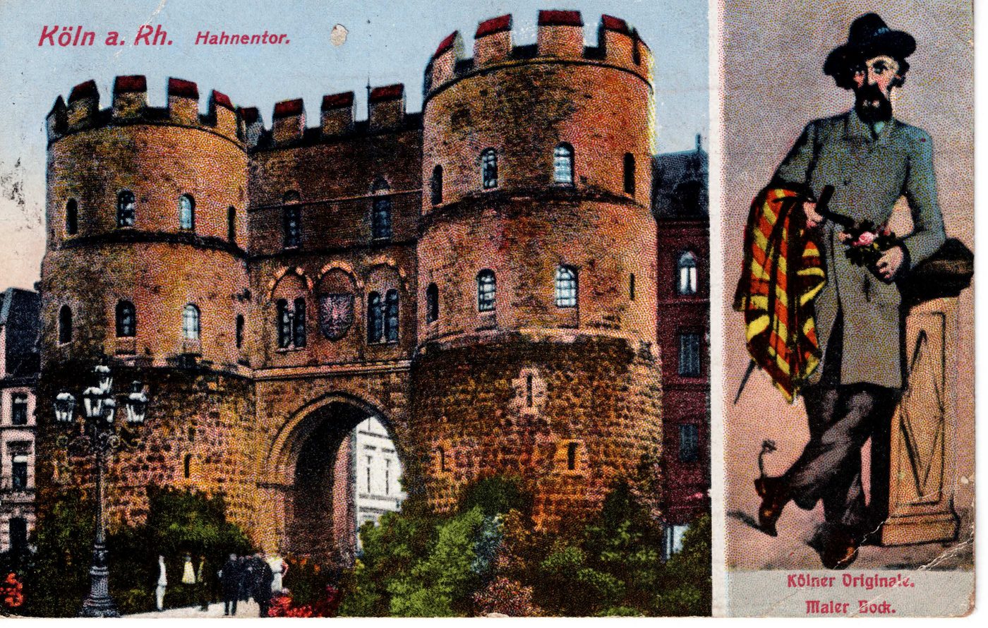 Köln a. Rh. Hahnentor. Kölner Originale. Maler Sock.