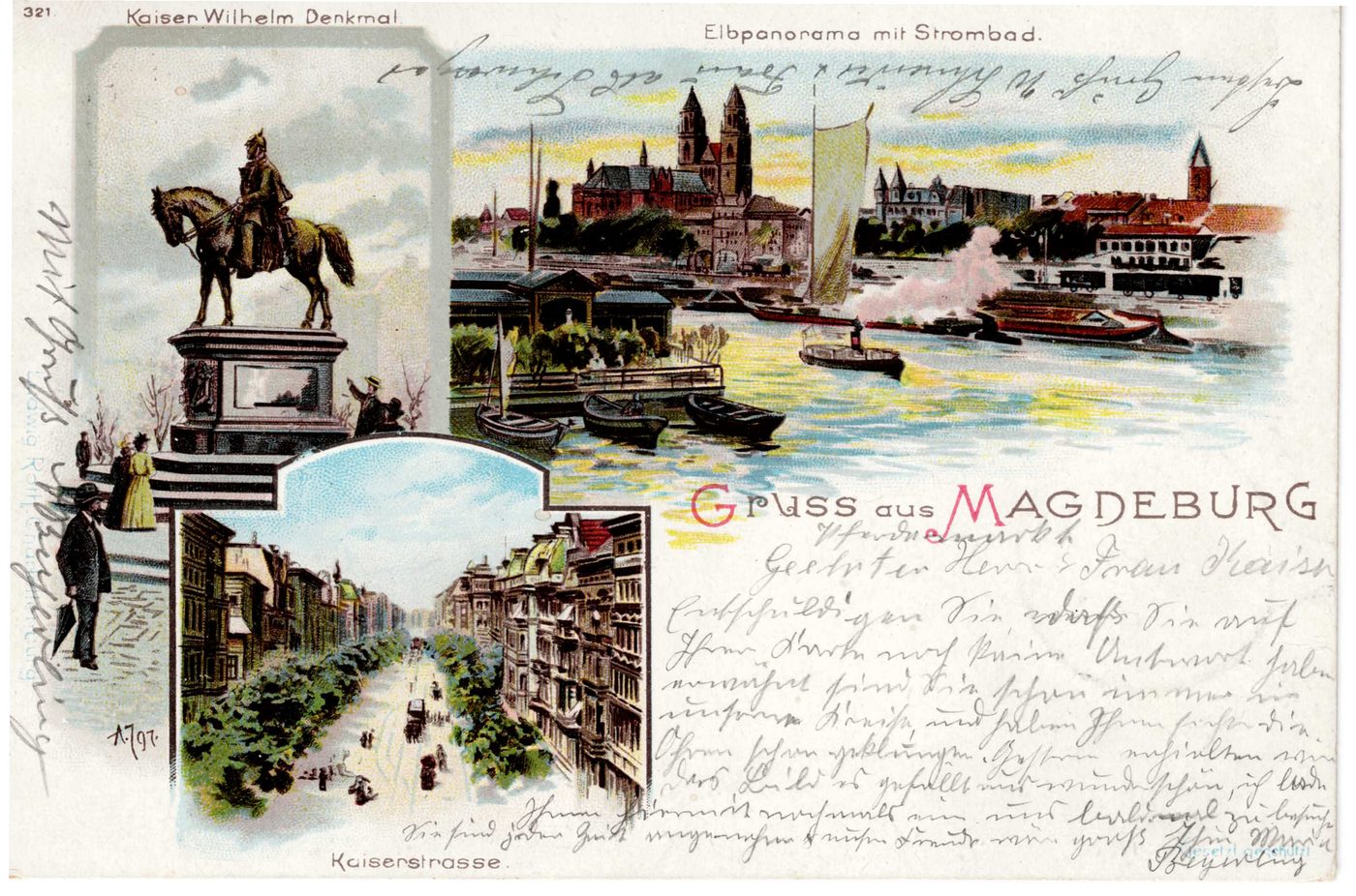 Gruss aus Magdeburg — Kaiser Wilhelm Denkmal / Elbpanorama mit Strombad / Kaiserstrasse