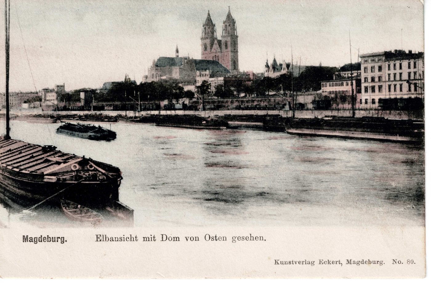 Magdeburg. Elbansicht mit Dom von Osten gesehen.