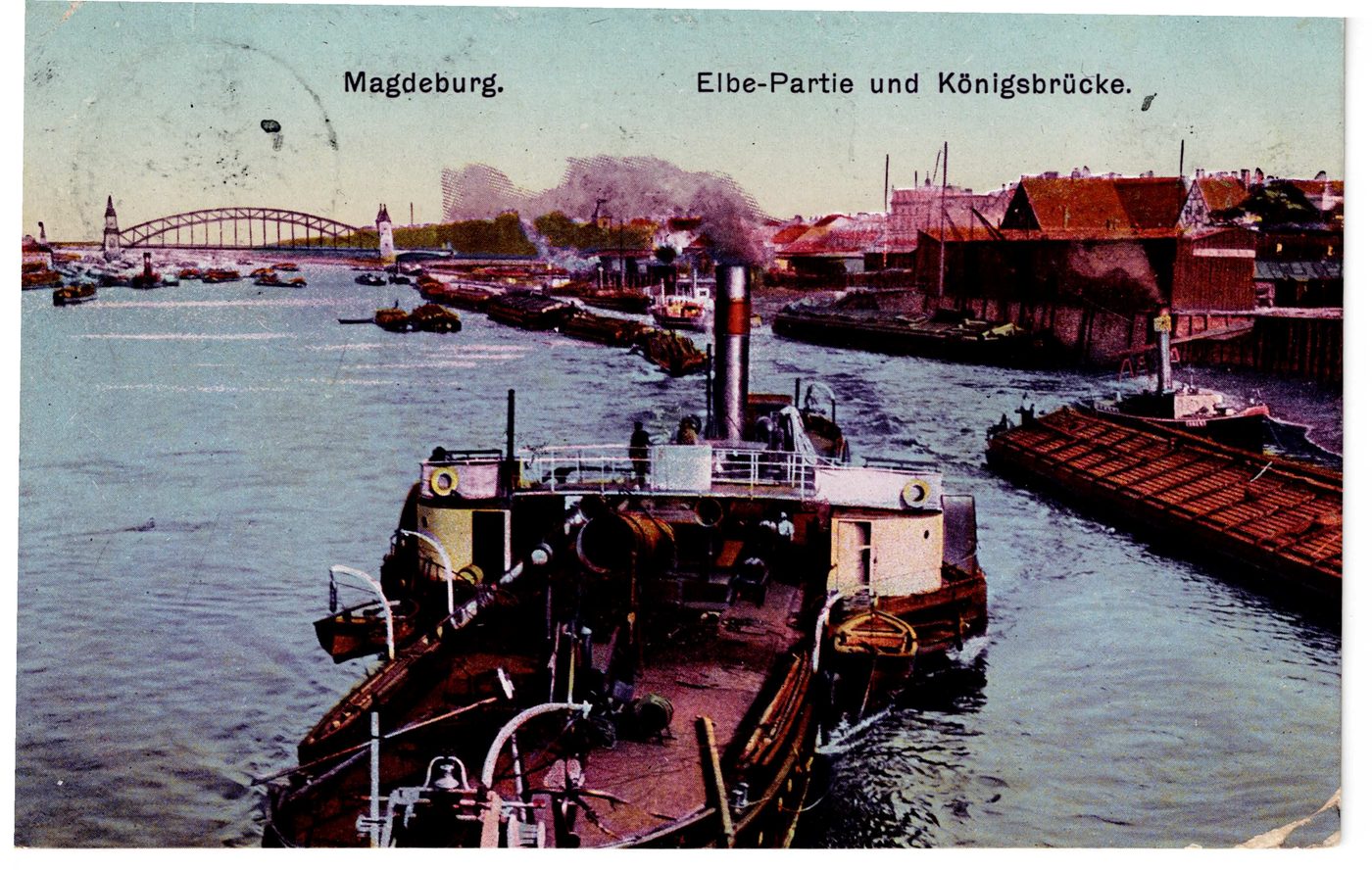 Magdeburg. Elbe-Partie und Koenigsbruecke.