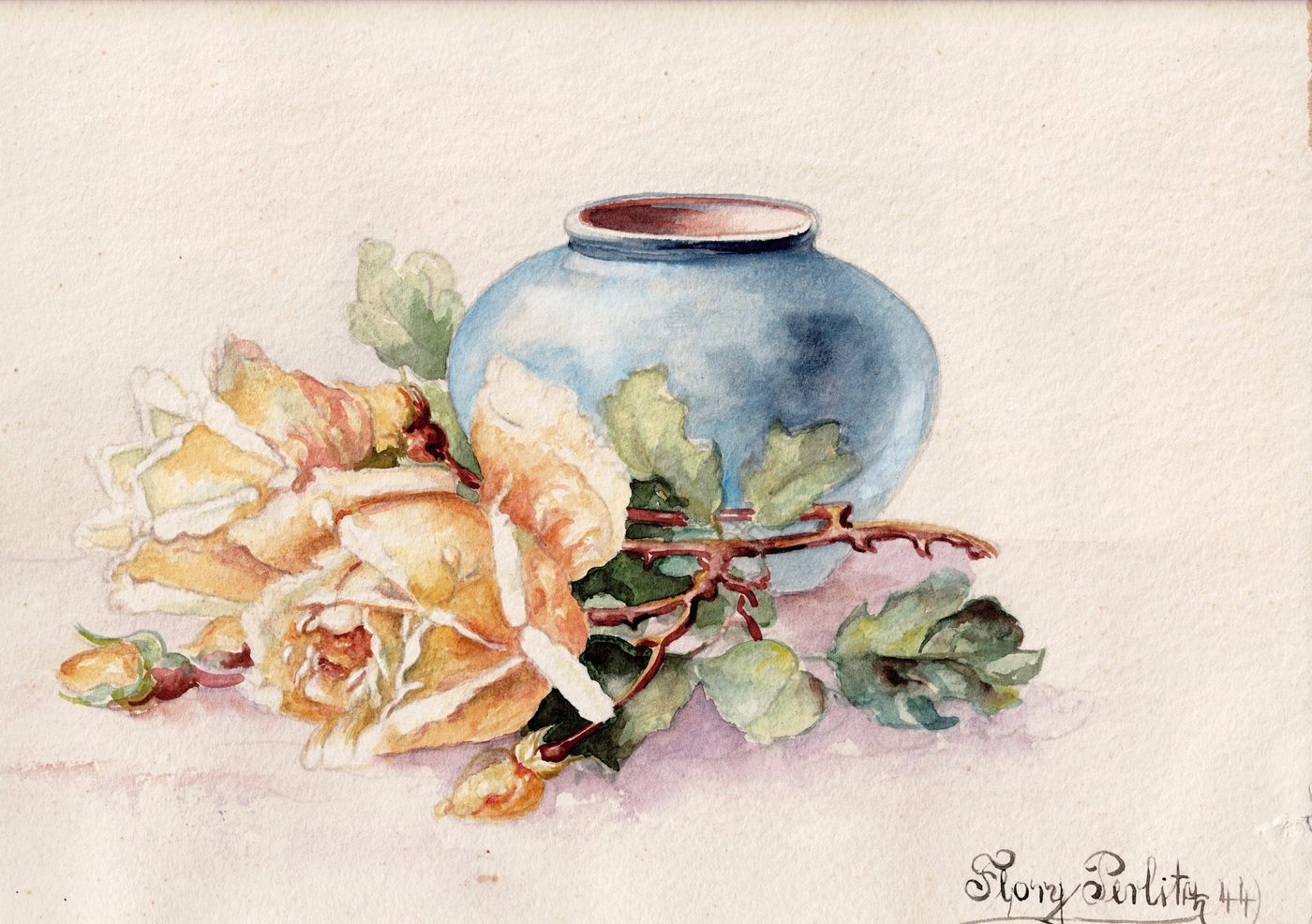 Gelbe Rosen mit blauer Kugelvase [Aquarell, sign. Flory Perlitz, (19)44]