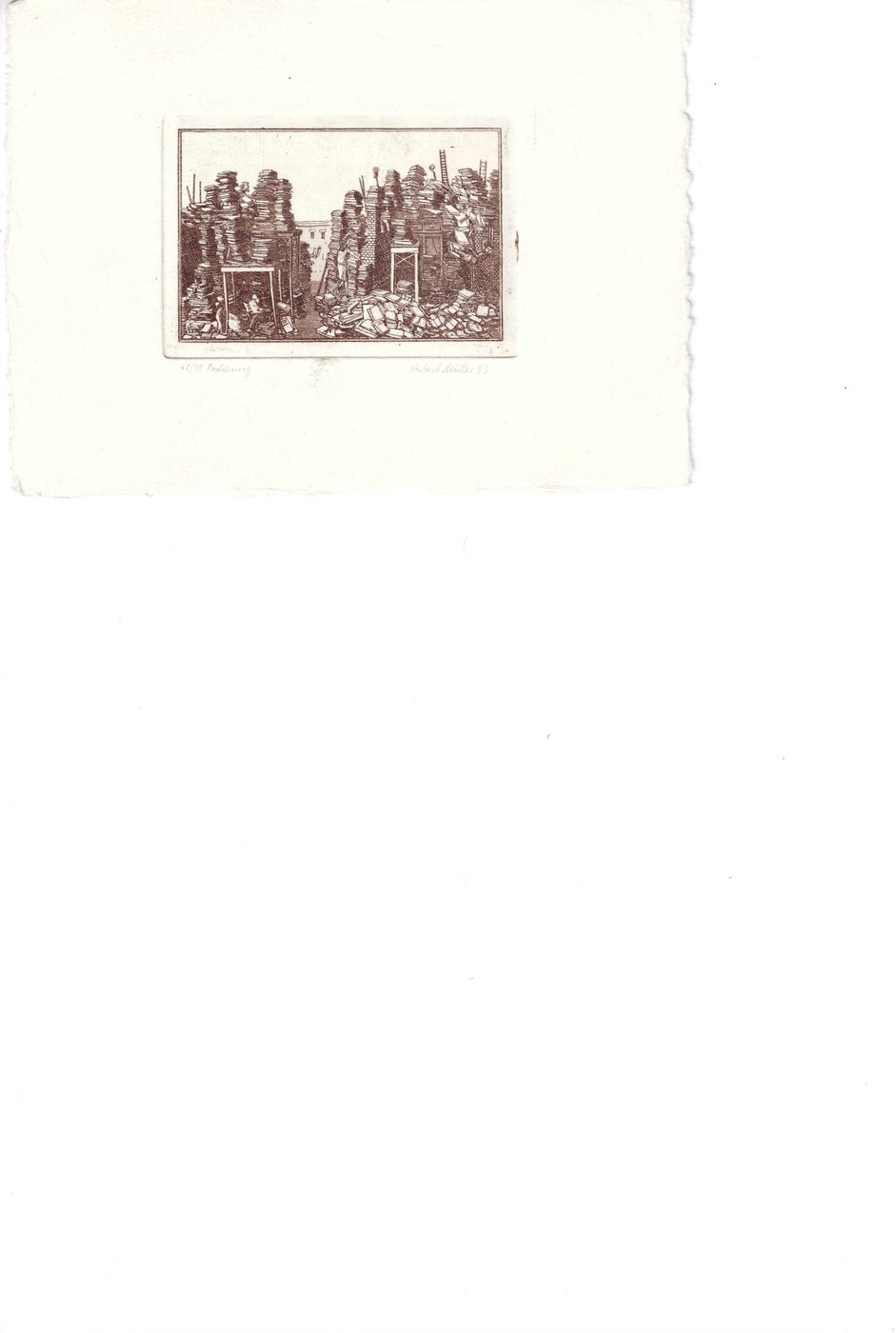Bücherberge mit Lesendem [Radierung 46/50, sign. Herbert Mueller, (19)83]