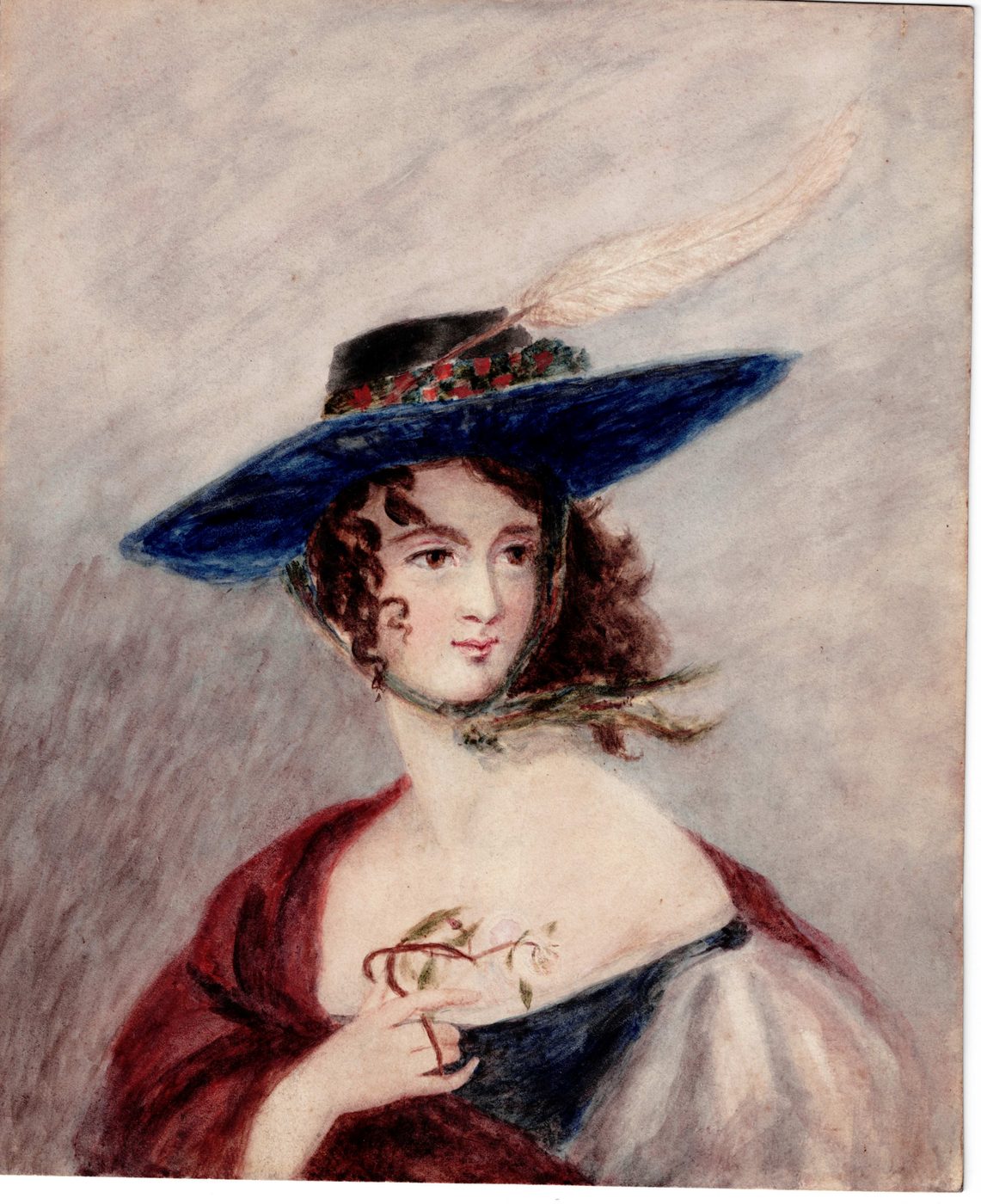 Dame mit blauem Federhut [Aquarell mit Deckfarbe, Kopie nach Keepsake-Stich um 1830/40]