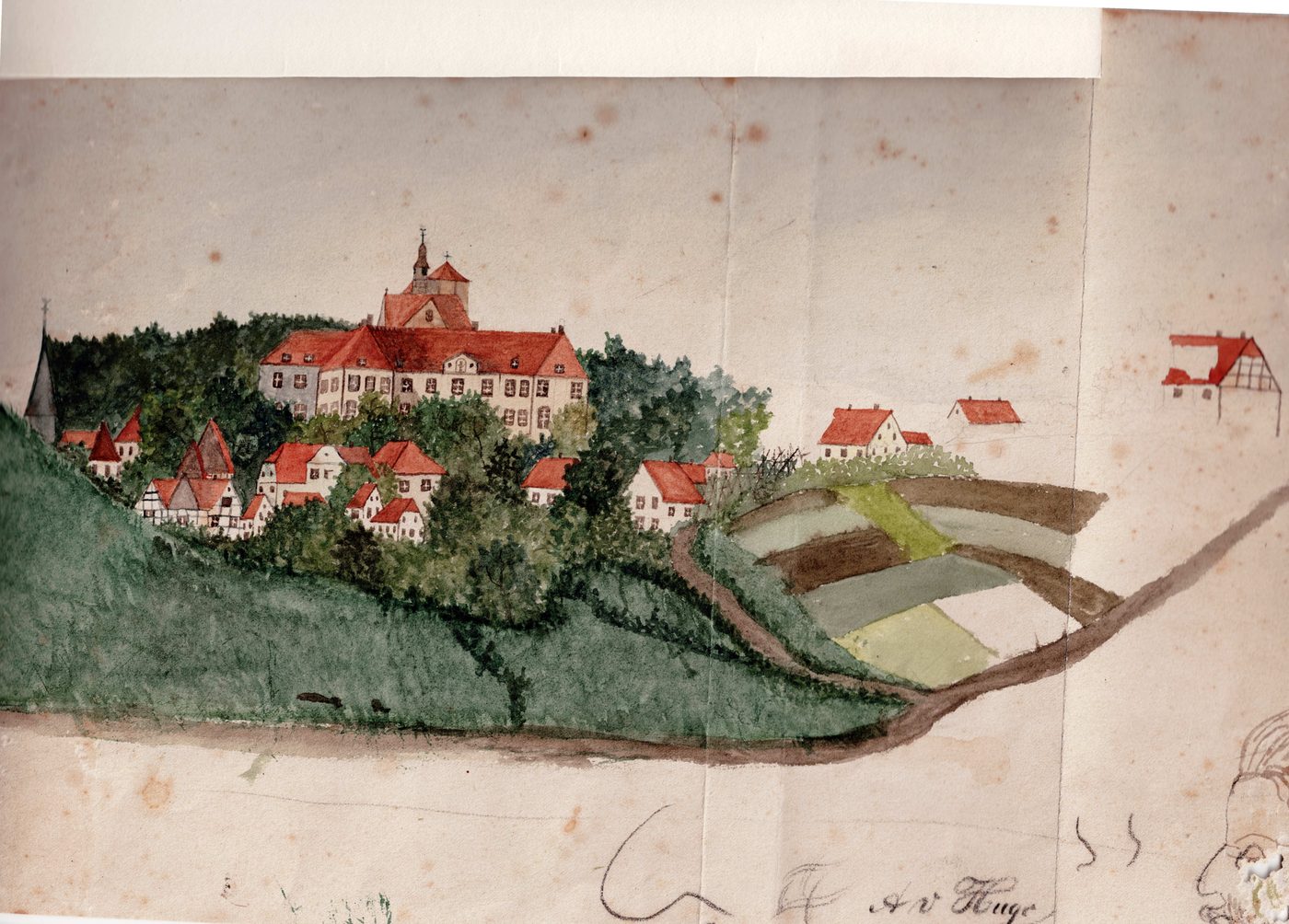 Hügelstadt mit Schlossberg [Aquarell auf Faltblatt, bez. 'A. v. Huge' (Lesung)]