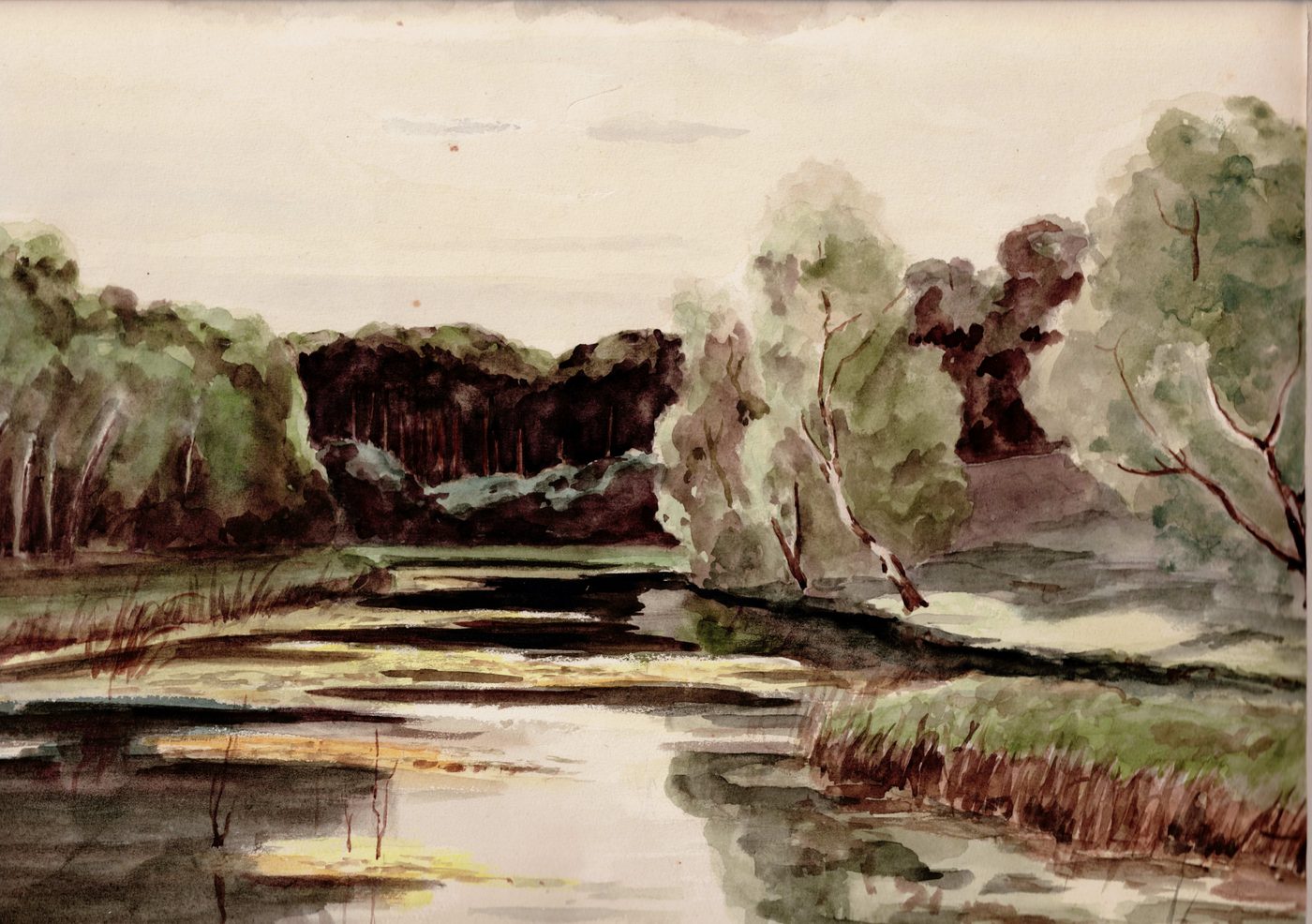 Stiller Teich mit Ufergehölz [Aquarell, unsigniert]